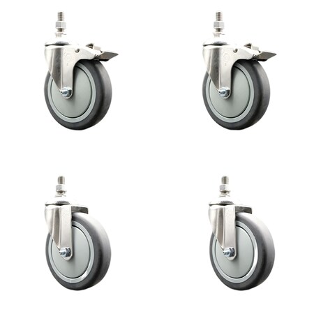Service Caster 5 Inch 316SS Thermoplastic Rubber 1/2 Inch Threaded Stem Caster Lock Brake, 2PK SS316TSTTL20S514-TPRB-121315-2-S2